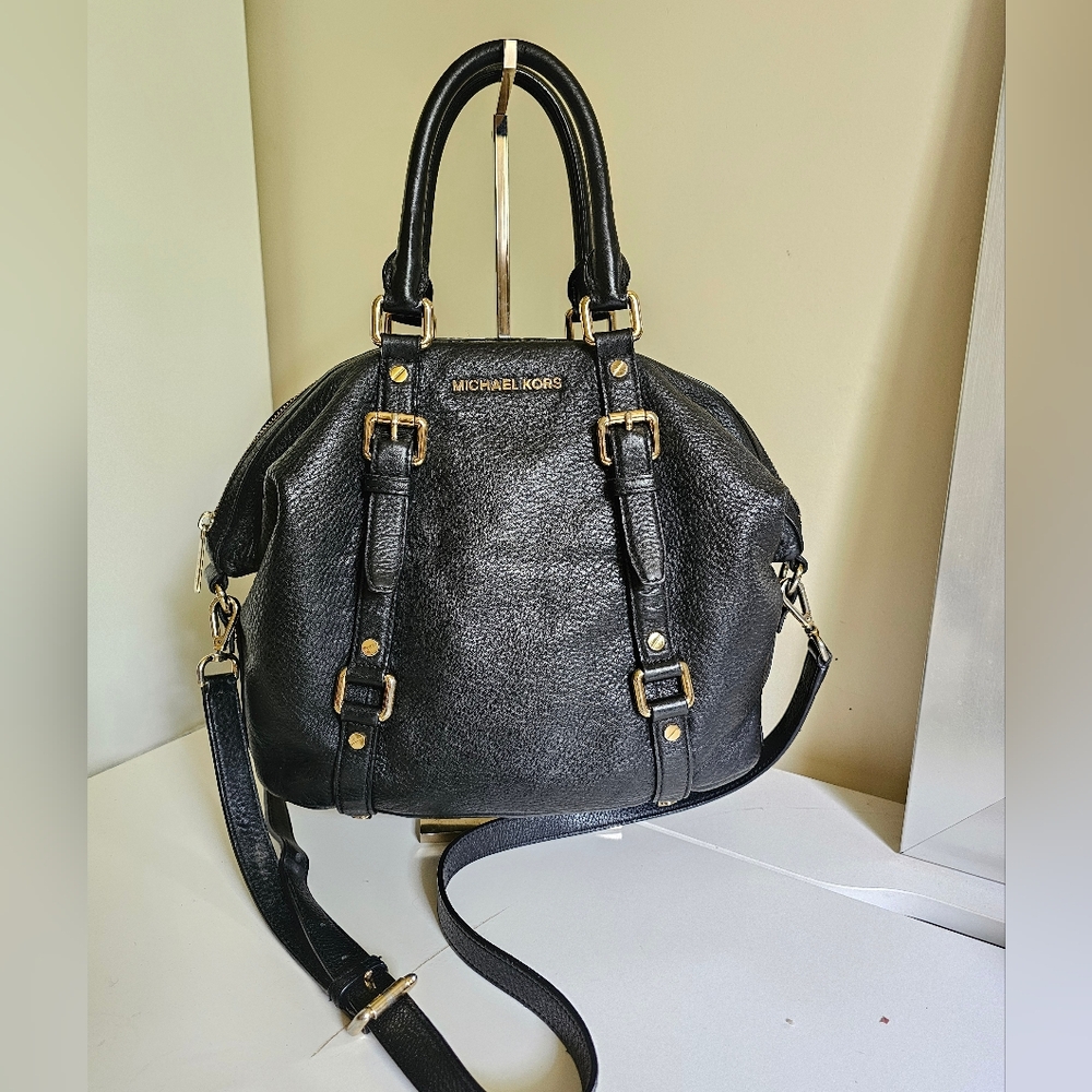 Michael Kors Bedford Bowling Medium Black Leather Satchel Bag Crossbody Strap